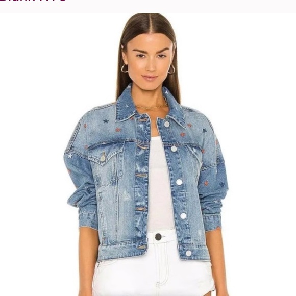 Blank NYC Born in the USA Star Embroidered Denim Trucker Jacket. XSmall